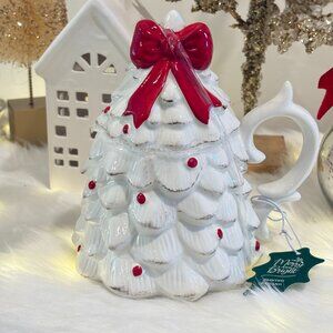 Whiten Christmas Tree Shaped Lidded Ceramic Mug With Red Bow & Ornaments 7" New
